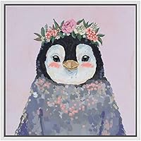 SIGNWIN Framed Canvas Wall Art Nursery Baby Peguin with Pink Flowers in Purple Animals Wildlife Watercolor Impressionism Modern Portrait Fun for Living Room, Bedroom, Office - 16