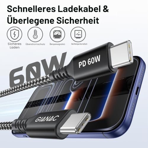 GIANAC USB C Kabel 2Stück 2M Schnellladekabel USB C auf USBC Ladekabel 60w – Ansicht 4