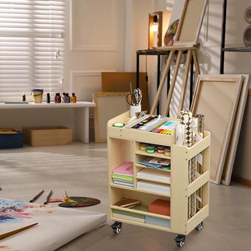 uyoyous Kunstwagen rollendes Holz, Kunst- und Handwerksbedarf Organizer, multifunktionaler Aufbewahrungsschrank Handwerk, DIY Gebrauchswagen mit Papierregal, Kunstbedarfswagen（50 * 32 * 66.8cm）
