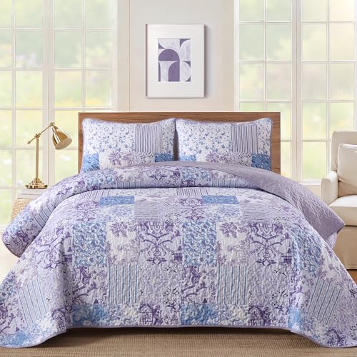 Drucon Quilt Set King Size, Purple Patchwork Pattern Spring Summer