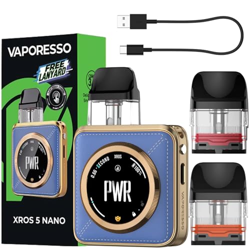 Vaporesso Xros 5 Nano Vape Kit (Blue Leatherette) Available in 8 Colours 1600mAh Battery 2A Fast Charge Type-C 30W 1.09 Touchscreen Airflow Control Compatible With All Xros Pods - No Nicotine