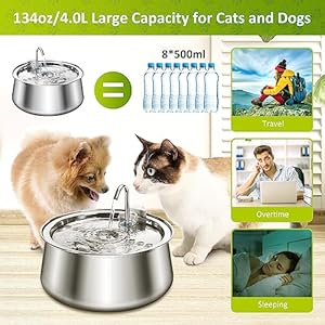 Cat Water Fountain Stainless Steel, 134oz/4L Automatic Pet Water Fountain, Ultra Quiet Dog Water Dispenser with Filter and Sponge, SUS 304 Faucet Shape Water Fountain for Cats, Dogs
