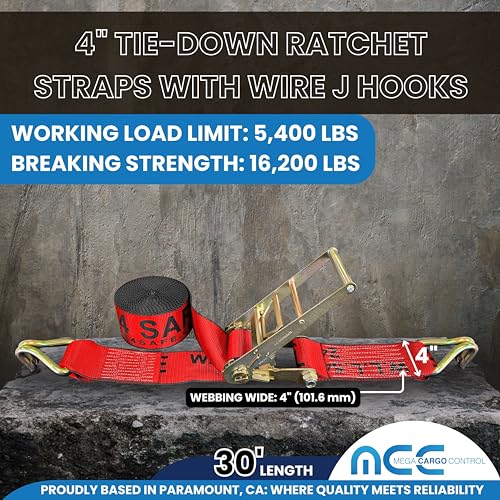 Mega Cargo Contol Ratchet Tie Downs with Heavy Duty Wire J Hooks, 4" x 30' Red, Securing Straps for Flatbeds, Trailers, Hauling (2 Pack) by Mega Cargo Control - Image 2
