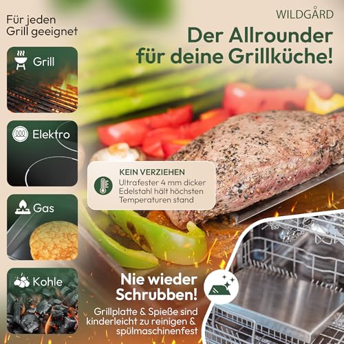WILDGÅRD® Grillplatte - Plancha Grill Platte aus dickem & rostfreiem Edelstahl – 30 x 20 cm – für BBQ Gasgrill & Kohlegrill geeignet +PLUS: 2x Grillspachtel & 5x Spieße