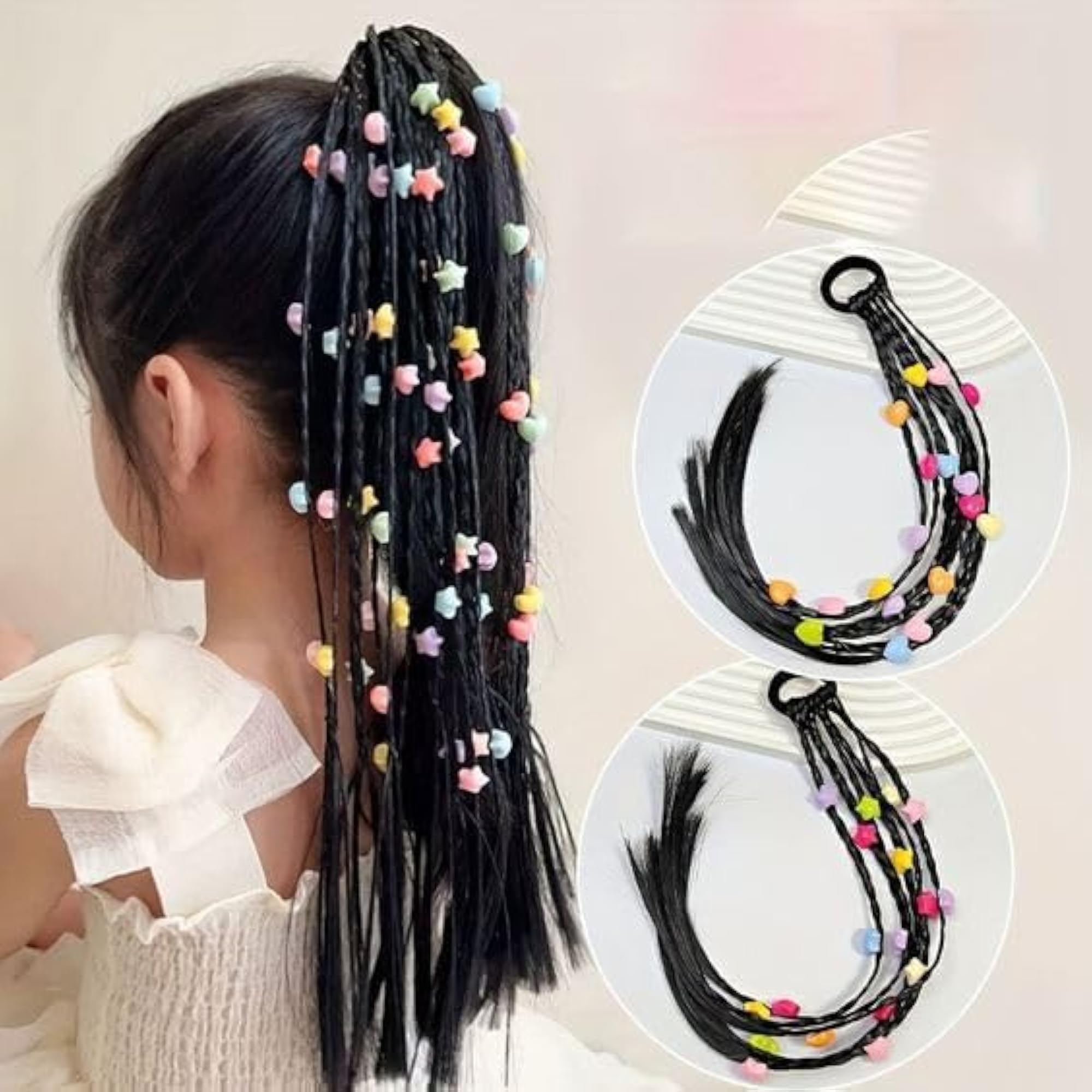 Girls Rainbow Braided Ponytail - 3 pc Multi Color Rubber Bands