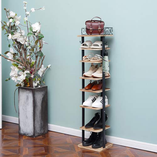 X-cosrack 8 Tier Shoe Rack Plant Stand Vertical Shoe Storage Organizer with Hooks 8 Pairs Rustic Wood Metal Shoe Stand Shelf Vertical Shoe Tower Adjustable Tier for Entryway Hall-Upgrade Light Brown
