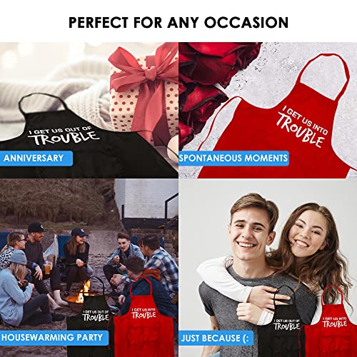 Witty Enterprise — Funny Couple Aprons — I Get Us Into Trouble, I Get Us Out Of Trouble — Wedding, Engagement, Gag Gift #TOP1