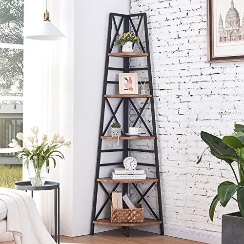 HOMBAZAAR 5-Tier Industrial Corner Bookshelf, Vintage Wood Look Accent with Metal Frame Etagere Bookcase, Freestanding Tall Ladder Shelf Display Organizer Home Office, Rustic Brown Finish