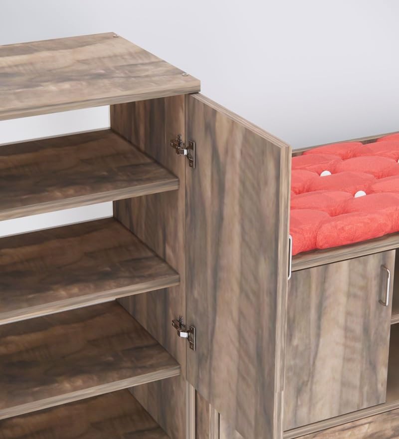Image of SPECIALITY PANELS Shoe Rack Combo Set with Cushioned Seating Bench, 2 Door Storage Cabinet, Walnut Brown Finish, DIY Assembly, 2 Piece Set