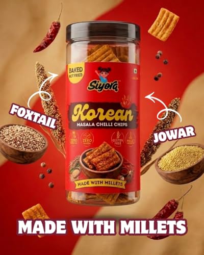 Image of SIYORA Korean Masala Chilli Chips | Made with Jowar & Foxtail Millet | Spicy Korean Flavour | Baked Multigrain Snack | No Maida, No Palm Oil, No Trans Fat | 125 g