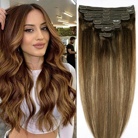 Straight Clip In Hair Extensions Real Human Hair 8Pcs Clip In Balayage Chocolate Brown to Caramel Blonde Human Hair Extensions with 18Clips Lace Weft 120g 14inch