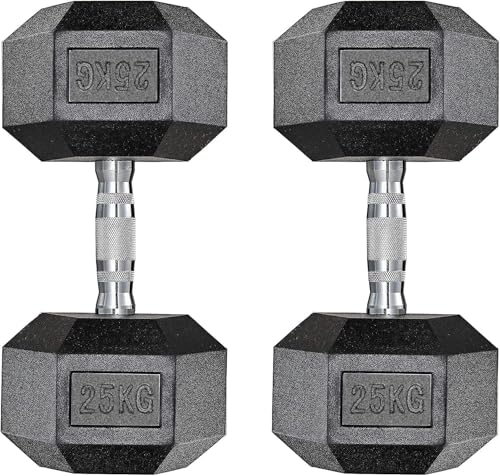 Juego de 2 mancuernas hexagonales, 10 – 25 kg, con revestimiento antideslizante, mangos ergonómicos, juego de mancuernas cortas de poligoma (2 x 25 kg - negro)