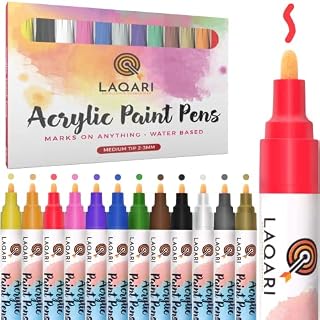 LAQARI Acrylic Paint Pens Set For Rock Painting Set of 12 - 2mm Bold Tip Multicolor Glass Paint Pens - Non-Toxic, Waterproof & Quick Drying Markers - Ideal For Pebble Art, Mugs Design, Canvas, Wood