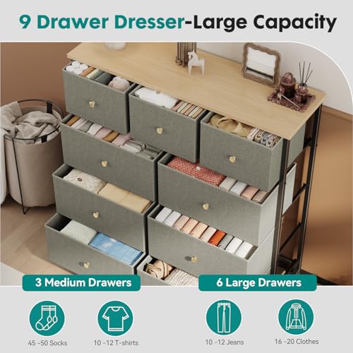Image of OLIXIS 9 Drawer Tall Dresser for Bedroom, Closet Organizers and Storage | Fabric Dresser with Wooden Top, Chest of Drawers for Clothes Storage, Tower Cabinet, Furniture, TV Stand, Dark Green