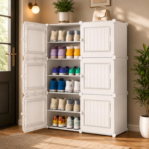 Image of Plastic Shoe Rack for Home with Door | 12-Shelf DIY Shoe Cabinet Organiser | Stores 24 Pairs | Foldable & Waterproof Shoe Stand for Entryway, Bedroom (White, 12-Layer)