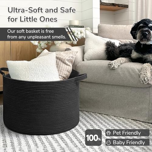 Image of INDRESSME XXXLarge Blanket Basket 21.7 inch x 21.7 inch x 13.8 inch Woven Storage Baskets Soft Cotton Rope Toy Baskets Storage Kids Decorative Laundry for Home, Perfect for Living Room, Black