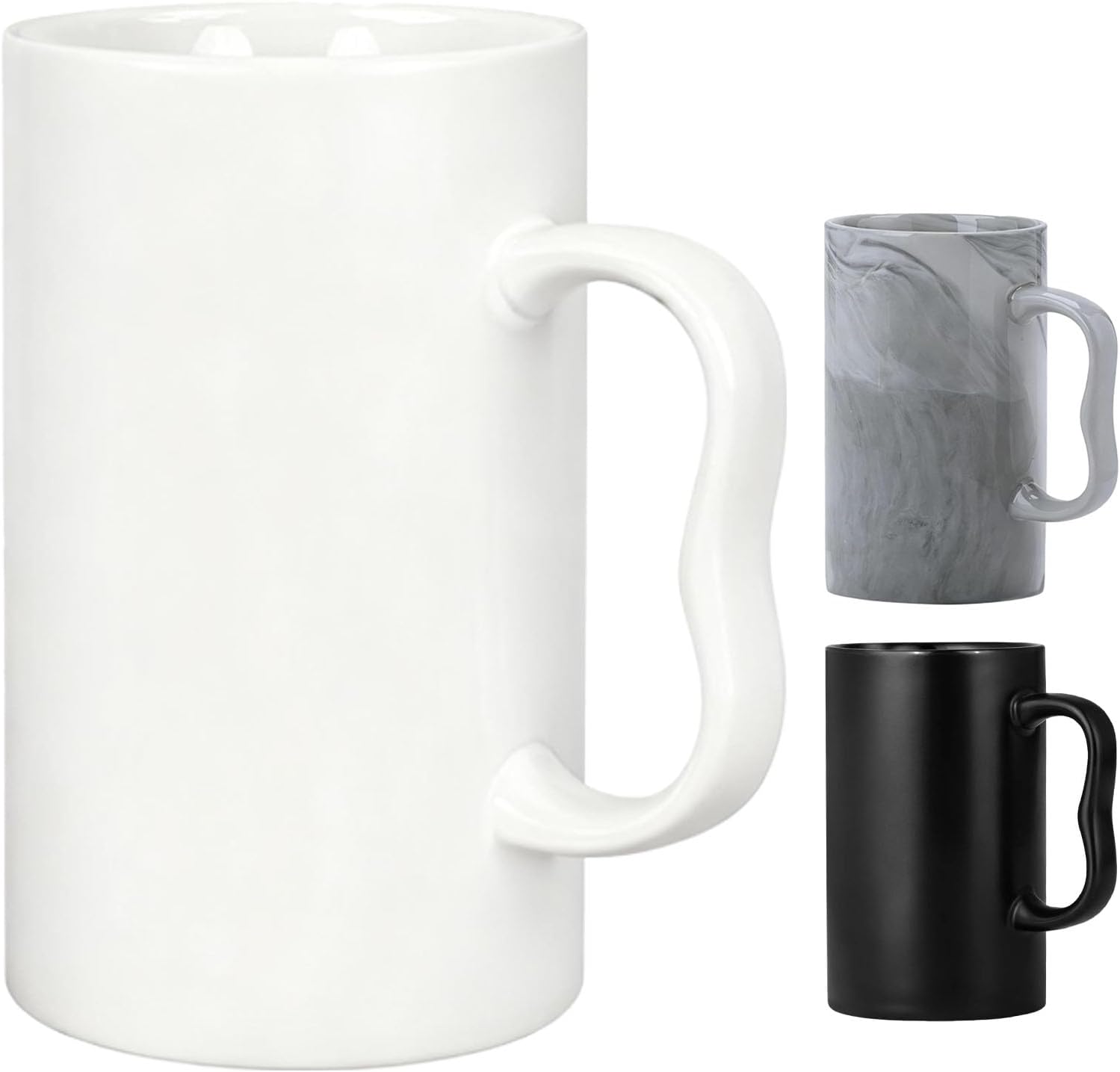 20 oz Large Ceramic Coffee Mugs,Tall Latte Cups with Big M Handle,600ml Oversized Bulk Beer Cappuccino,Espresso XL Porcelain Cup Set of 2 for Men and Women Gifts White