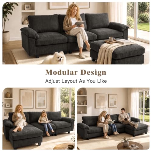 Image of Sectional Couches for Living Room, 109 inch L Shaped Cloud Sofa & Couch | Upholstered Armres, 22 inch Seat Depth, Movable Ottoman, Comfy Chenille, Easy Assembly, Black