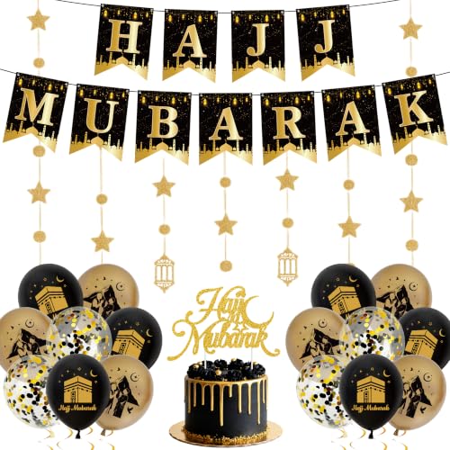 Hajj Mubarak Balloons Decorations Set Black Gold Party Banner Decor Kit