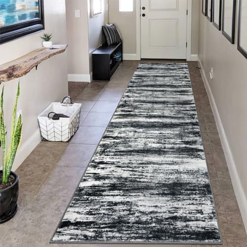 KOZYFLY Modern Abstract Washable Rug Runner 2.6x10 Hallway Rug Runner Non-Slip Soft Kitchen Runner Rugs, Black Navy Blue Grey Striped Carpet for Entryway Bathroom Laundry Room Foyer