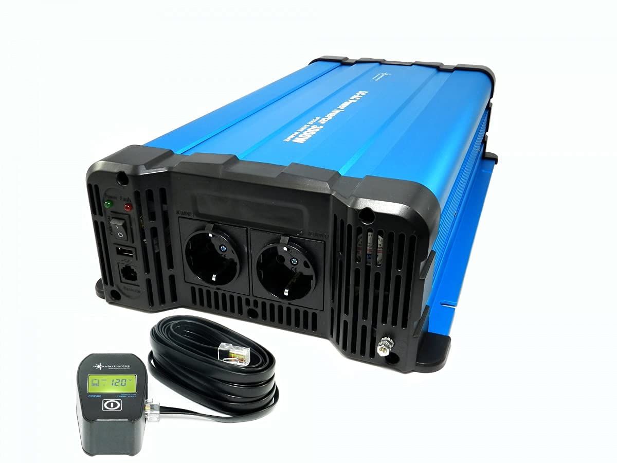 Solartronics Przetwornica napięcia FS3000DR 12V do 230V 3000 W, czysty sinus niebieski, pilot zdalnego sterowania, opcjonalny falownik solarny - z kablem CRD80