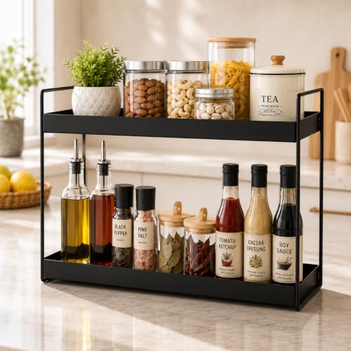 Image of JD FRESH 2 Tier Multipurpose Kitchen & Bathroom Storage Rack /Shelf storage and Large Space Organiser /Racks Countertop Kitchen Organizer Storage Basket(Black)