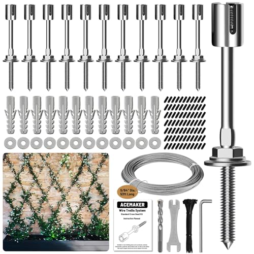Acemaker Wire Trellis for Climbing Plants Outdoor 12-Set Wall Wire Trellis Kit with 5/64(2mm) x 53ft Stainless Steel Cable T316 Espalier System for Fence and Garden DIY Projects