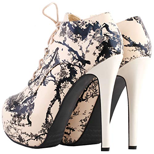 SHOW STORY Retro Black Beige Chinese Ink and Wash Lace-Up Platform Stiletto Ankle Boot Bootie,LF808842