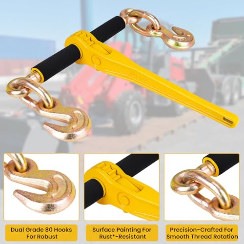 Image of 3 /8''-1 /2'' Chain Binders Kit, 4 Pack G80 Ratchet Load Binder 3 /8 to 1 /2 with G80 Transport Chain 3 /8 Inch x 10 Feet, G80 Clevis Grab Hook, 9 200lbs Working Load Tie Down Kit for Towing