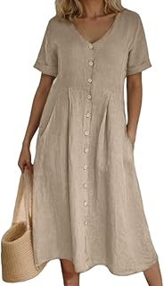 Women's 2025 Summer Linen Button Down Midi Dresses Plus Size Short Sleeve Beach Flowy Dress for Women with 2 Pockets - Buy now