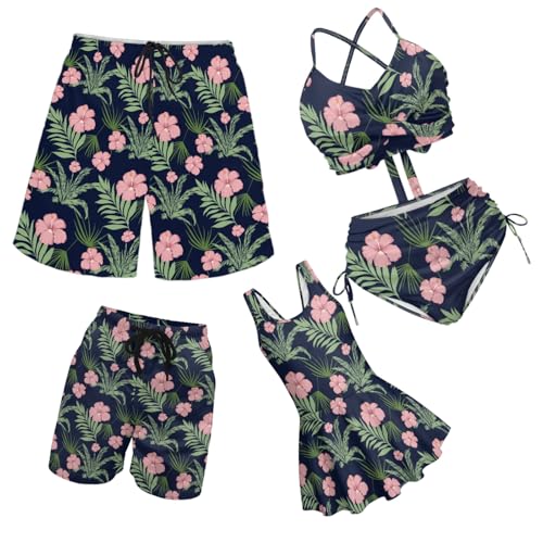 TSOVTHRID Pink Hibiscus Floral Family Matching Bathing Suit Size 3XL Hawaiian Board Shorts with Pockets for Boy and Dad Fashion High Waisted Bikini Set with Adjustable Strap