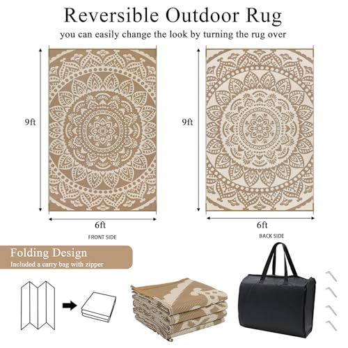 Bsmathom Waterproof Outdoor Rug 6'x9' Reversible Boho Plastic Straw Patio Deck Camping Rugs, Indoor Outdoor Portable RV Mat Clearance Carpet for Outside, Porch, Balcony, Backyard, Beach, Pool,Brown