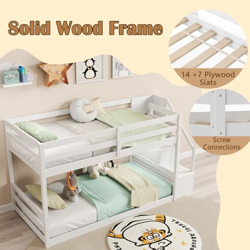 KOMFOTT Wood Twin Over Twin Low Bunk Bed with Storage Staircase, Wooden Bunk Bed Frame with Full-Length Guardrails, Low Profile Kids Bed with Slats Support, No Box Spring Needed (White)
