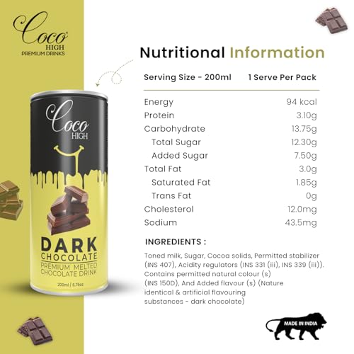 Image of CocoHigh Dark Chocolate Drink 600ml (3 x 200ml) | Luxury Creamy Chocolate Milkshake | Ready-to-Drink Milkshake Made with Real Chocolte | | No Added Preservatives