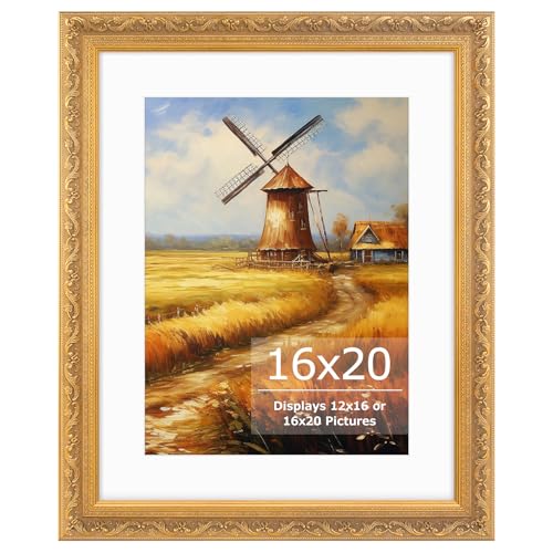 16x20 Picture Frame with White Mat Ornate Vintage Gold Finish