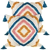 Moukeren 2 Pcs Bohemian Throw Pillow Covers 18 x 18 Inches Woven Tufted Cushion Covers with Tassel Diamond Throw Cushion Cases for Bed Couch Sofa Living Room Bedroom, No Pillow Insert(Fresh)
