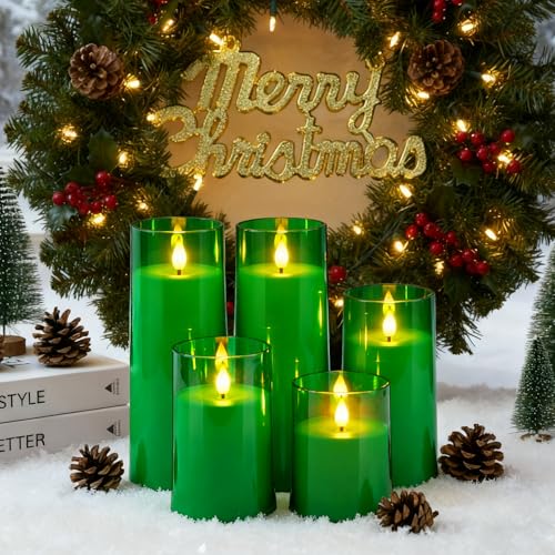 Image of Raycare Battery Operated Flameless Pillar Candles with Remote Timer, Green | LED Acrylic Festive Ambience Candle with Realistic Glow for Christmas Trees, Tables, Seasonal Parties, Family Gifts, Set of 5