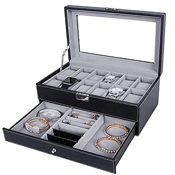 Mezzotek Wrist Watch Box Organizer 12 – Slot With Jewelry Drawer Case | 30 X 20 X 8 Cm | Black(Leather)