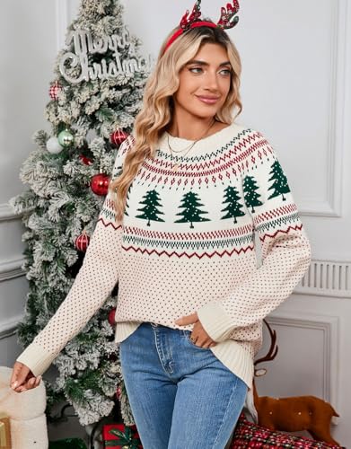 Image of Women's Fair Isle Sweater Crew Neck Long Sleeve Heart Sweater Vintage Tops