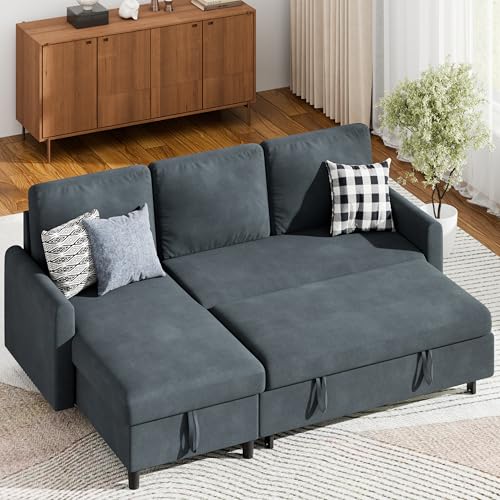 Shintenchi Sofa Couch, Sofa Bed- 2 in 1 Pull Out Couch Bed with Storage Chaise for Living Room, Sectional Sofa Couch ，Grey