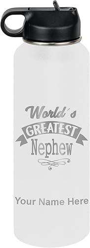 Miniatura 52 de LaserGram Botella de agua con tapa abatible de doble pared de 20 onzas con popote, sobrino más grande del mundo, grabado personalizado incluido