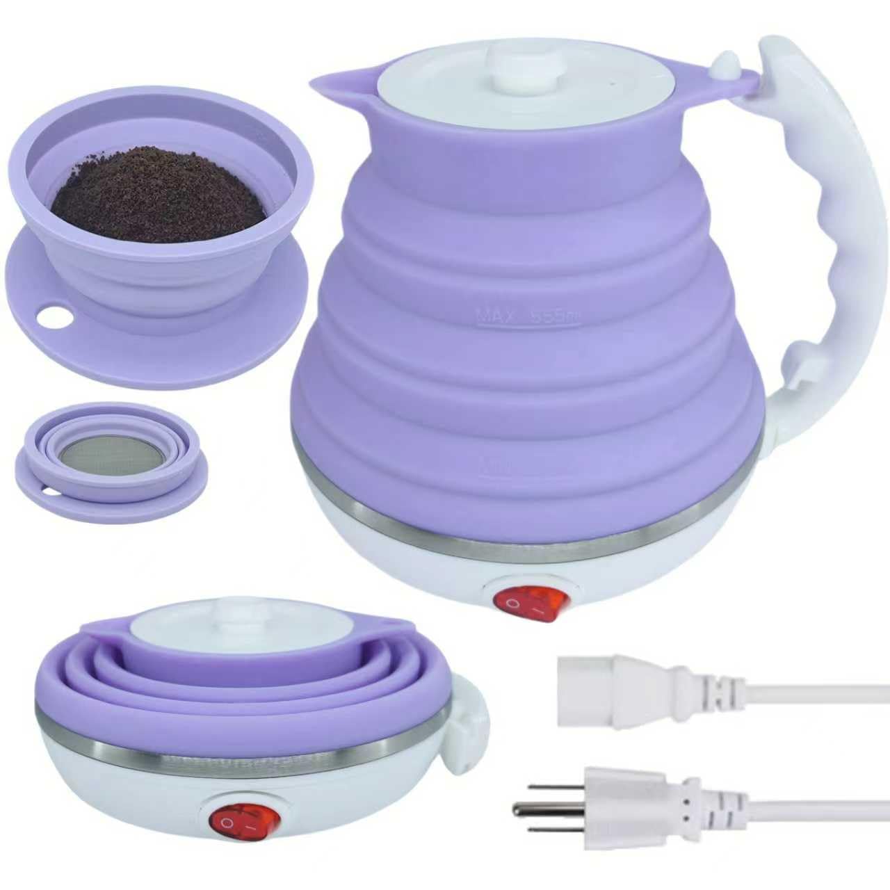 Tragbarer Wasserkocher, zusammenklappbarer elektrischer Reise-Wasserkocher + Reise-Kaffeemaschine, zusammenklappbarer Kaffee-Tropfer (lila)