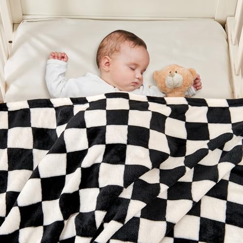 Image of Yurhap Checkered Baby Blanket Fleece Baby Blankets for Boys Girls, Ultra Soft Cozy Fluffy Infant Toddler Newborn Receiving Blankets for Crib Stroller, 30''x40'', Black