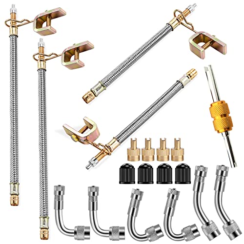 Aracey Valve Stem Extenders,4Pcs 7Inch and 12 Inch Dual Flexible Stainless Steel Braided Valve Stem Extensions,6Pieces 45 90 135 Degree Brass Valve Adaptors for Car Truck Motorhome Trailer RV Trucks