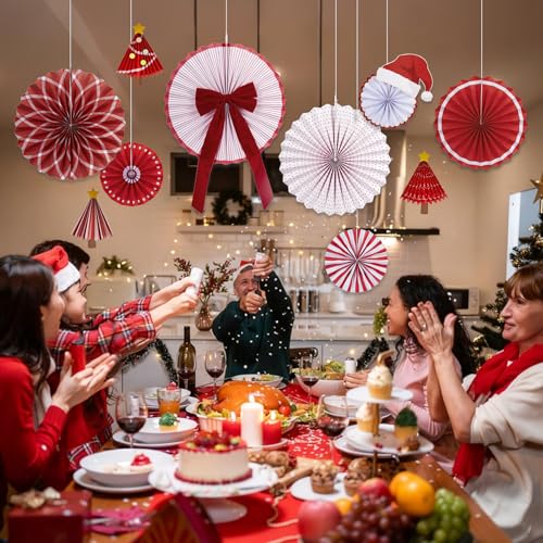 Image of Christmas Paper Fan Decorations Christmas Decorations Classroom Red Hanging Paper Fans 10PCS with Santa Hat Gold Stars for Xmas Winter New Year Wall Ceiling Party Holiday