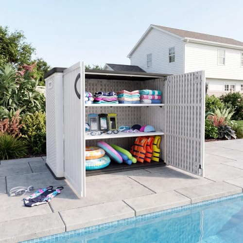 Image of Devoko 26 Cu Ft Resin Outdoor Storage Cabinet with Lockable Doors, White | Horizontal Storage Shed Waterproof Patio Tools Storage Box, Easy to Assemble for Backyards,Patios, Pools, Gardening Tools