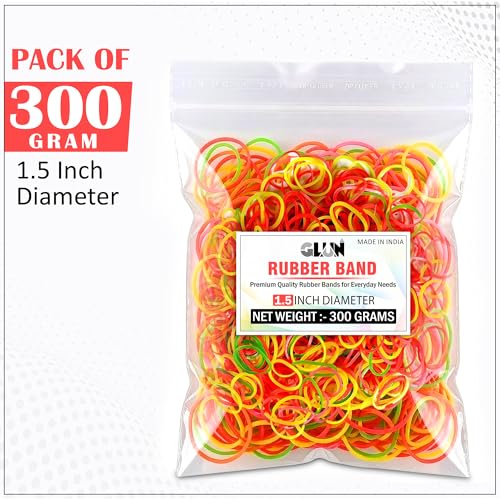 Image of GLUN 1.5 Inch Multicolour Rubber Band 100 Gram Pack, Fluorescent Multicolour, Strong & Stretchable for Home, Office & Kitchen Use