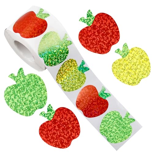 500Pcs Sparkly Laser Apple Decals for Teacher Rewards 1 roll Back to School Apple Stickers Roll for First Day of School Party Supplies Envelope Scrapbook Decor