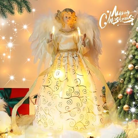 HOHOTIME 12'' Angel Tree Topper with White Feather Wings and Gold Skirt, Christmas Tree Topper with LED Light for Tree Toppers Holiday Ornament Decorations, Gold Cover