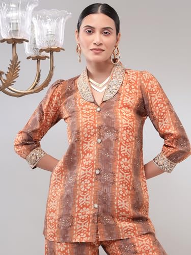 Image of Bani Women Printed Co-ord Set, Shirt and Trouser Set 2 Piece Outfit, 3 /4 Sleeves V Neck Collor with Mirror Work, Coord Sets for Womens,Western Dress, Stylish Design for All Occasions